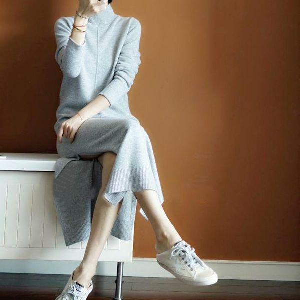 

beliarst 2020 autumn and winter long half-high collar pullover sweater woman slim sweater warm split fork over the knee, White;black