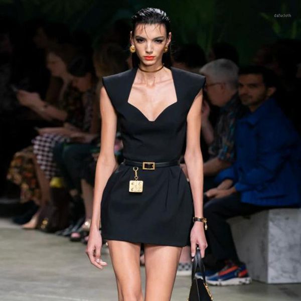 

elegant women dress black v-neck sleeveless high waist slim evening party mini vestidos 2020 fashion new female clothing1, Black;gray