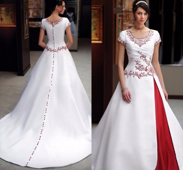 Винтажное белое и красное свадебное платье с пятнами 2022, двухцветное кружевное платье с вышивкой и пуговицами, с короткими рукавами, платье невесты Vestidos De Novia259h