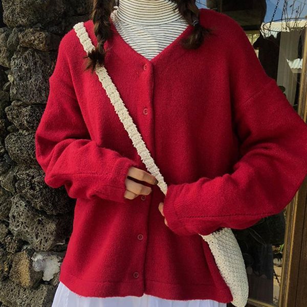 

women's knits & tees single breasted knitted jumpers women v-neck long sleeve casual autumn sweater warm loose cardigans outwear vintag, White