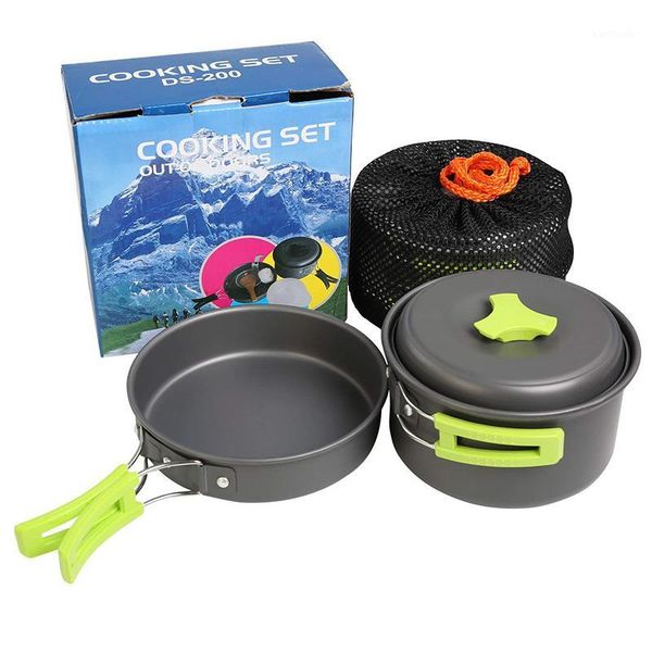 

camp kitchen 1 set outdoor pots pans camping cookware picnic cooking non-stick tableware with spoon fork knife kettle cup for 4-5 person1