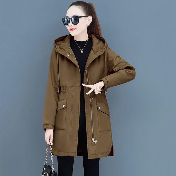 

women's trench coats plus velvet thick mid-length windbreaker women 2021 autumn and winter hooded size jacket, Tan;black