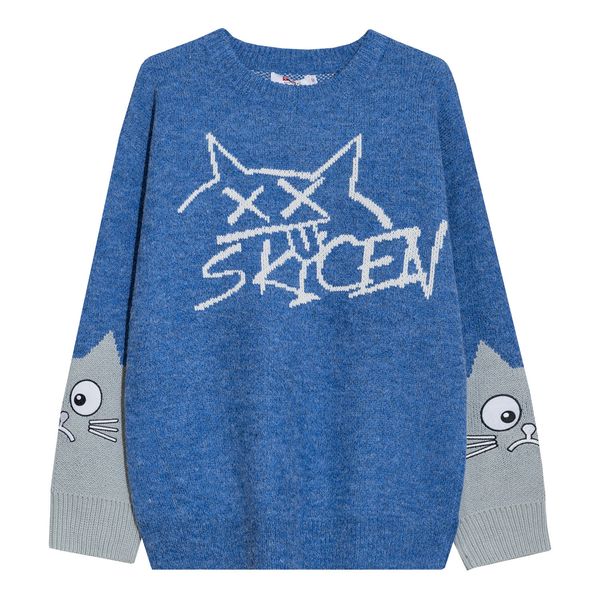 

2021 new funny cat style printed ladies'jersey men's clothes oversized cartoon embroidered pull j4vf, White;black