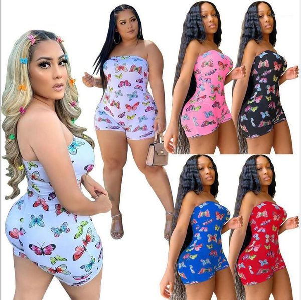 

plus size butterfly print rompers women jumpsuit biker shorts summer one piece outfit off shoulder bodycon overall playsuit1, Black;white