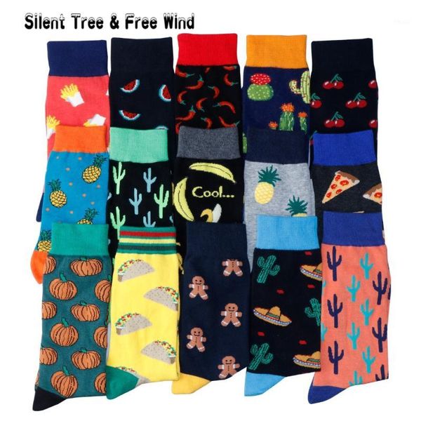 

brand happy men long socks funny pepper chili pumpkin hamburger chips gingerbread cherry watermelon banana cactus pineapple sock1, Black