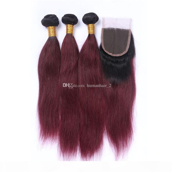 

burgundy ombre hair with closure 4pcs lot 1b 99j dark root ombre two tone virgin straight human hair bundles with lace closure, Black;brown
