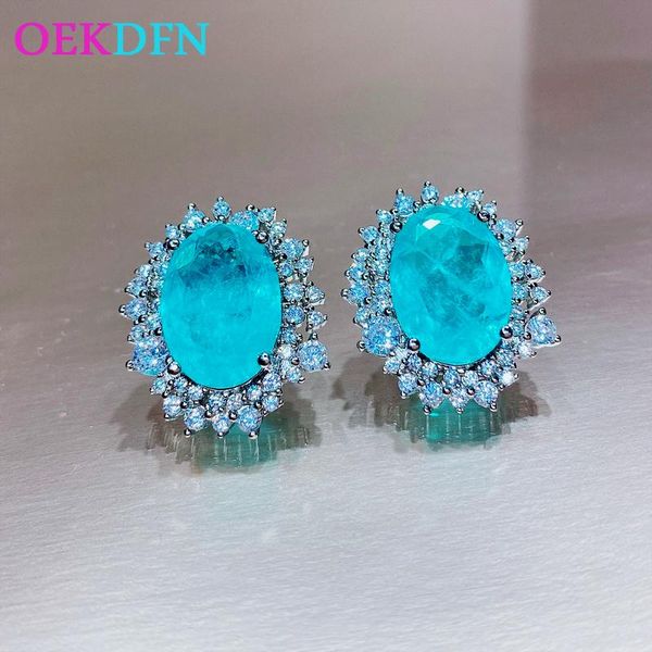 

oekdfn double 925 sterling silver earrings oval cut emerald paraiba tourmaline gemstone ear stud earrings for women fine jewelry, Golden;silver