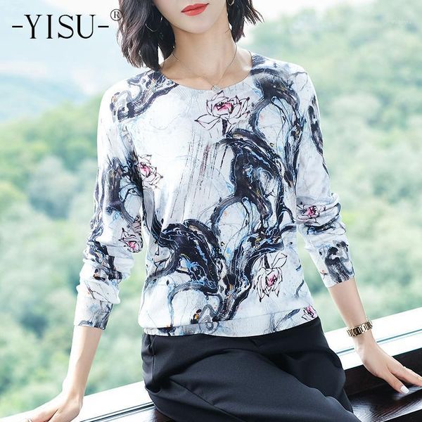 

yisu womens ink flowers printed sweater 2020 autumn winter long sleeve o-neck knitted pullover loose jumper sweater women1, White;black