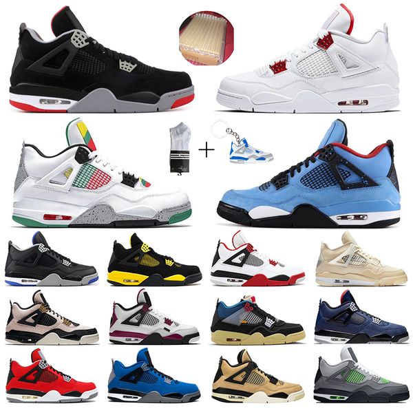 

jumpman 4 4s basketball shoes for men women union travis scotts white sail metallic green bred black cat outdoor trainer sport sneaker, White;red