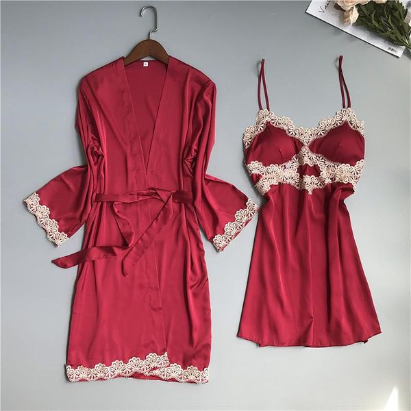 

women's sleepwear women sleep suit 2pcs nightshirts v-neck pajama burgundy satin lace pyjama gown set spring nighty robe homewear, Black;red