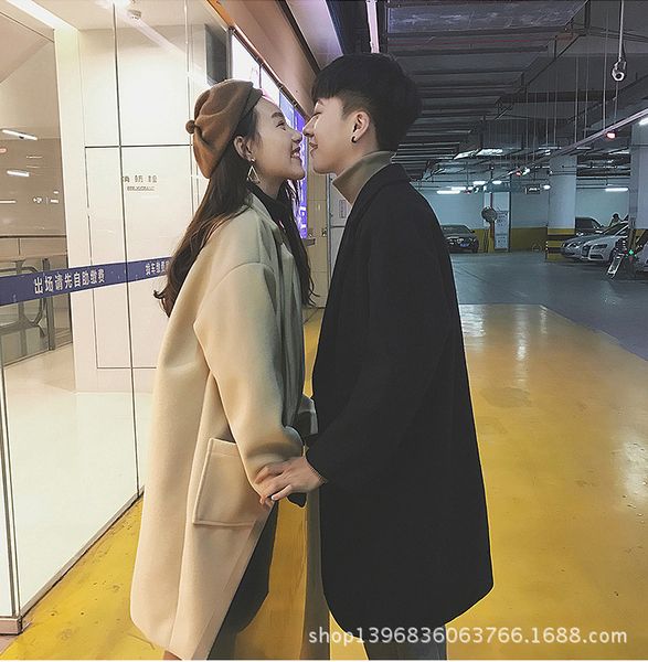 

windbreaker korean version medium long thiened woollen couple's winter student handsome men's coat new style, Tan;black