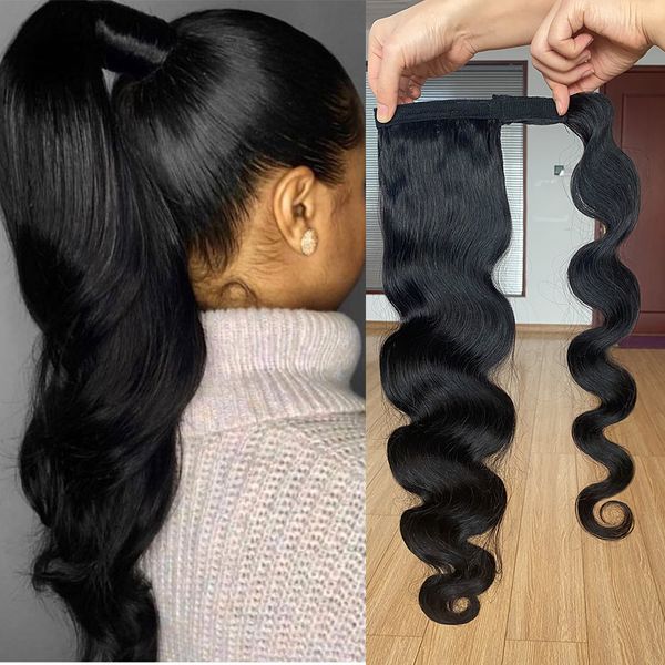 Enrole em torno do pônei Hiarpiece Hiarpiece Cabelo Humano Onda Brazilian Pony Tail Remy Hair 1B clipe em extensões de rabo de cavalo para mulheres 140g