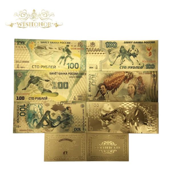 

7 pcs lot nice color russia sochi winter olympics sochi sets banknote 100 rubles banknote in 24k gold money for collection wmtqza