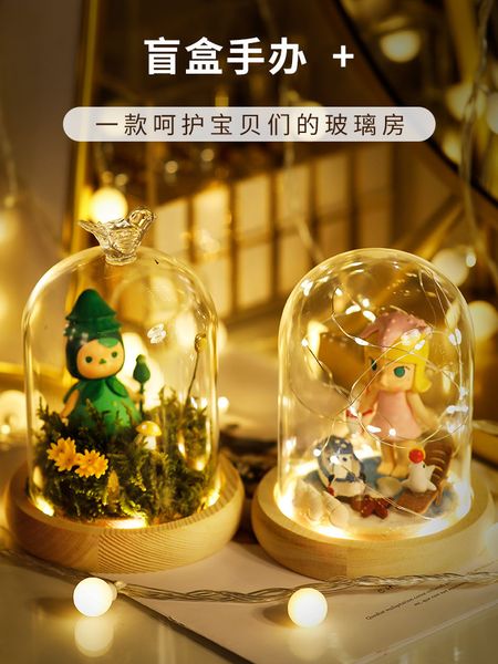 

hyfrdfhand made storage blind dust bubble mart transparent display box lamp solid wood doll glass covergdr, Silver