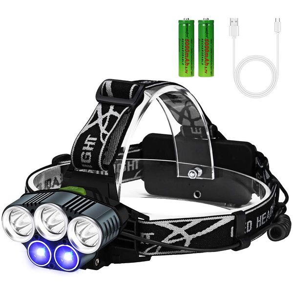 

headlamp rechargeable for adults, 5 led 5 modes waterproof headlight for indoor & outdoor activities, 3t6 white light with 2xpe blue light