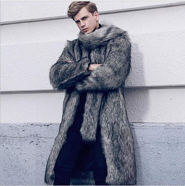 

men's fur & faux male fake casual coats man-made overcoats with scarf large size long section jackets cj102, Black