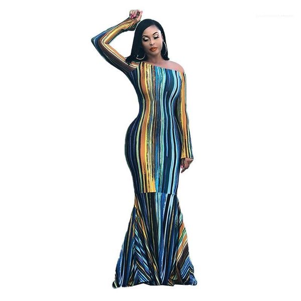 

fashion casual women clothing 2021 new womens maxi dresses autumn oblique shoulder irregular striped print dress, Black;gray