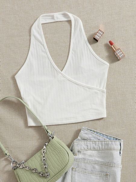 

open back rib-knit halter 95kk#, White