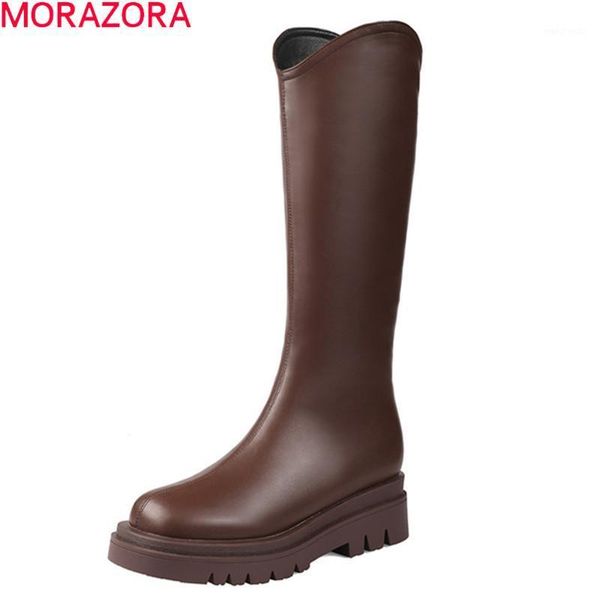 

morazora 2021 big size 33-43 women boots thick heels square toe winter knee high boots solid color ladies shoes1, Black