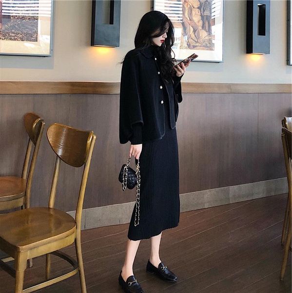 

2020 autumn and winter new women's hepburn style little black dress two-piece suit autumn long-sleeved knitted dress children, Gray