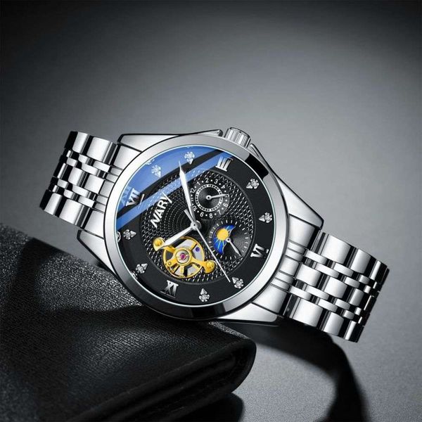 

mechanical nary/, business man, casual, watch, tiktok, sun, moon, star dial automaton watch, Slivery;brown