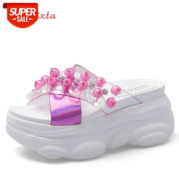 

aphixta 2020 new slippers woman pearl bear thick sole transparent summer slippers wedges slides platform heels shoes woman #6z8v, Black