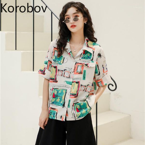 

korobov vintage print streetwear women blouses korean turn-down collar short sleeve shirts harajuku button ulzzang blusas mujer1, White