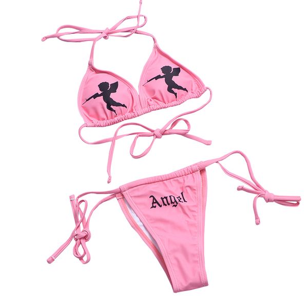 

women's swimwear angel print push up bikinis set halter triangle thong brazilian bathing suit bandage summer beachwear, White;black