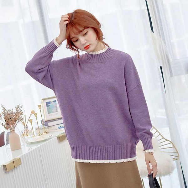 

2020 winter casual turtleneck women sweater patchwork long sleeve knitted sweaters loose purple pullover elegant female clothing1, White;black