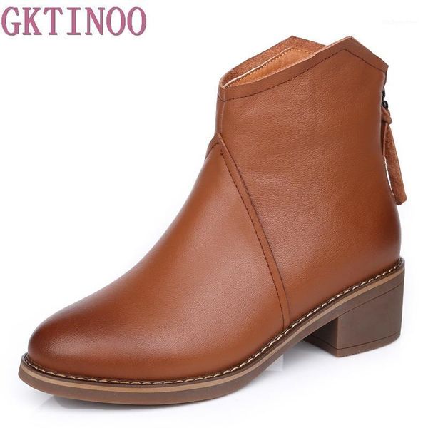 

boots gktinoo women ankle shoes genuine leather vintage zip ladies high heel female snow boot warm plush winter1, Black