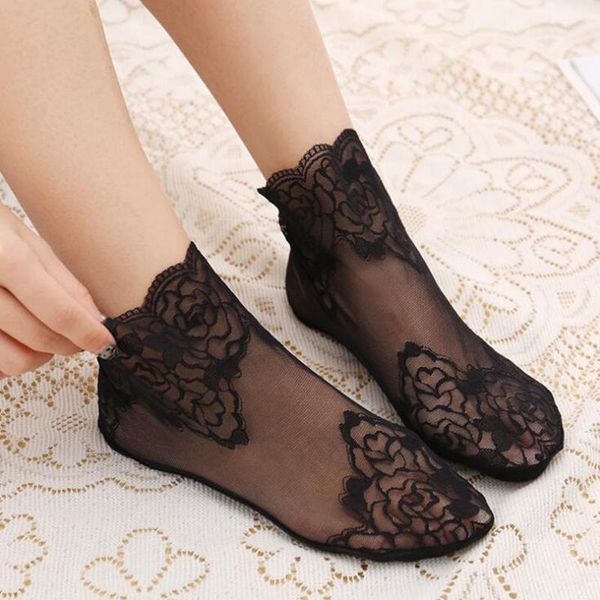 

fashion lace women socks transparent thin flower socks girls ankle summer short female dress calcetines hosiery1, Black;white