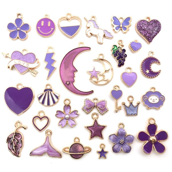 

60pcs/lot mix purple enamel diy charm mermaid seashell crown bowknot moon pendant fit european pandora charms bracelet diy metal jewelry mak, Bronze;silver
