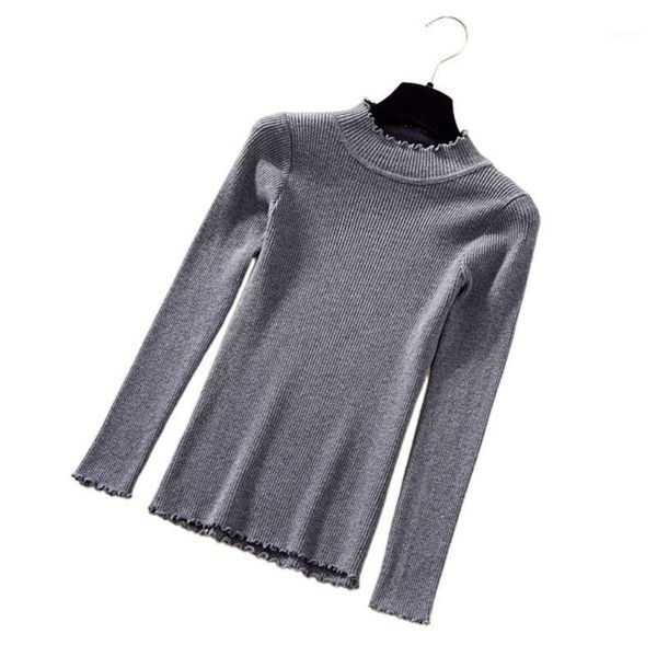 

women ribbed knit agaric ruffles sweater slim turtleneck solid color jumper 1, White;black