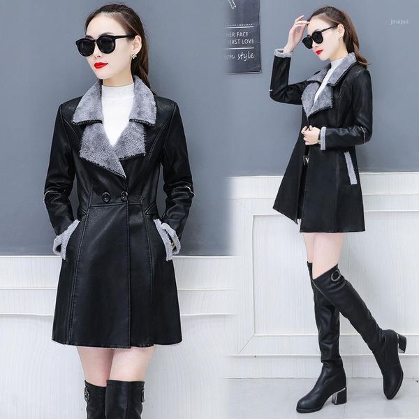 

women's clothing 2020 new long section autumn and winter plus velvet thick warm skin u lamb fur winter coat women1, Black