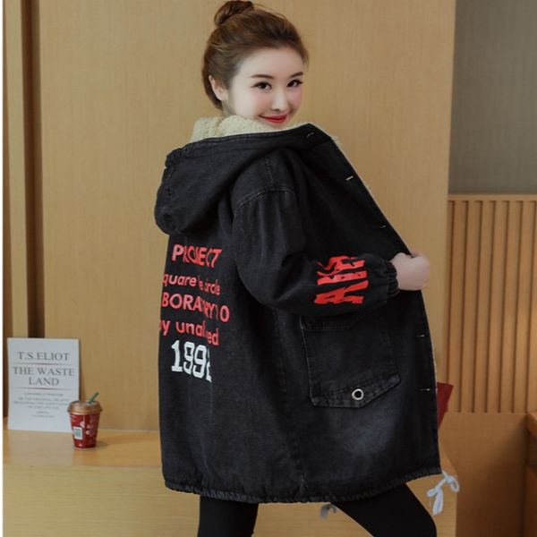 

thhone winter jacket female jeans parka warm fleece hooded plus size letter thicken plus size 4xl winter denim jeans coat women y201012, Black