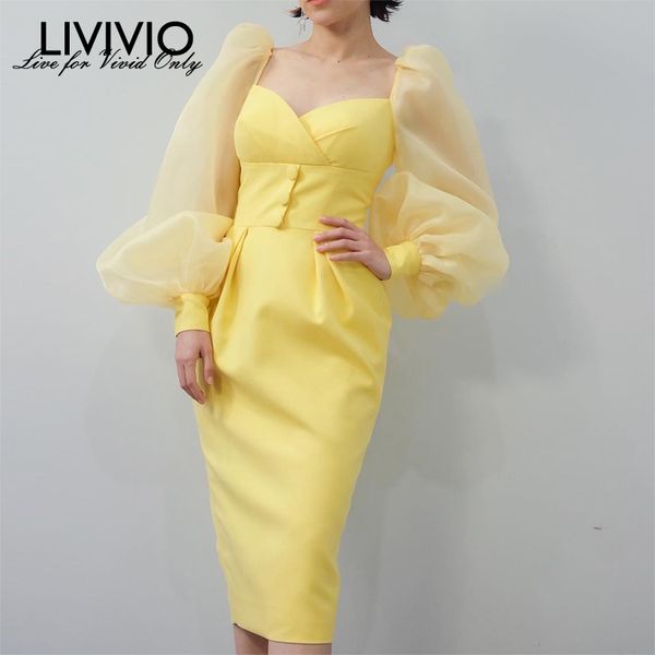 

[livivio] sheer organza puff long sleeve bodycon pencil midi dress women korean fashion clothing y200418, Black;pink