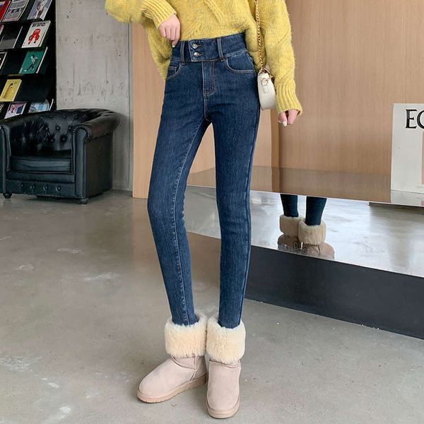 

cashmere jeans for women's autumn / winter 2020 new korean fashion thickened high waistline showing thin, Blue