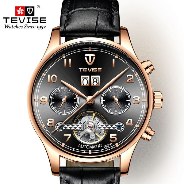 

swiss tevise tewis fashion watch automatic belt mechanical watch men's black waterproof watch 3, Slivery;brown