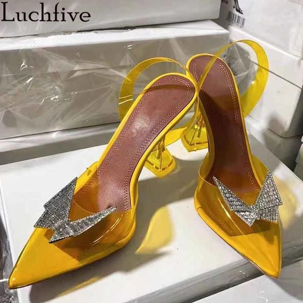 

2021 pvc clear sandals crystal butterfly party shoes pointy toe slingbacks cup high heels shoes woman yellow red sandals mujer1, Black