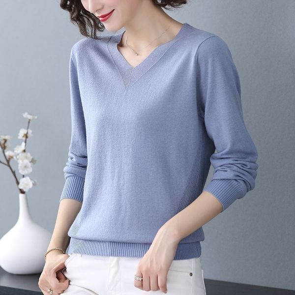 

autumn winter v-neck long sleeve women sweaters solid color knitting ladies blue pullovers thin casual cotton wool new 201111, White;black