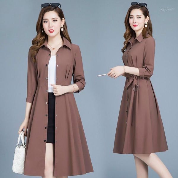 

women's trench coats fashion 2021 fall /autumn casual breasted simple classic long coat with belt chic female windbreaker1, Tan;black