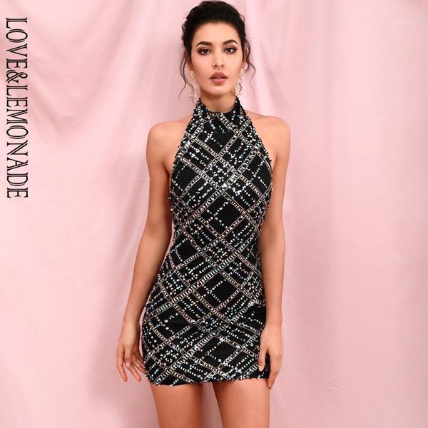 

love & lemonade halter big backless bodycon colorful plaid sequin party mini dress lm824081, Black;gray