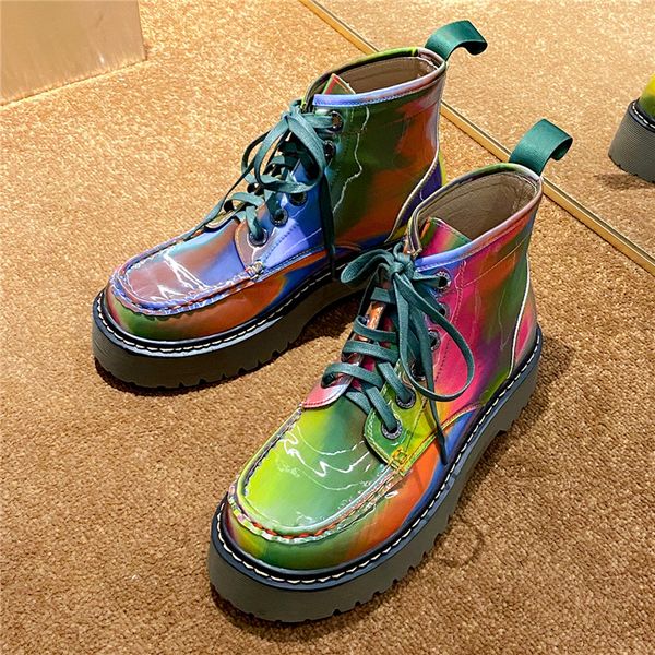 

platform ankle rainbow boots lace up genuine leather casual qualuty shoes thick bottom short motorcycle boots new colorful boots, Black