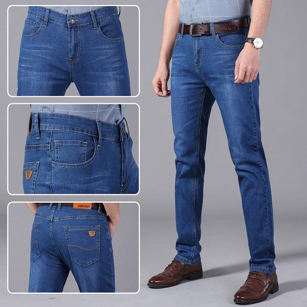 

2021 spring summer cotton stretch lim straight casual jeans classic leather brand men jeans men's trousers pants, Blue