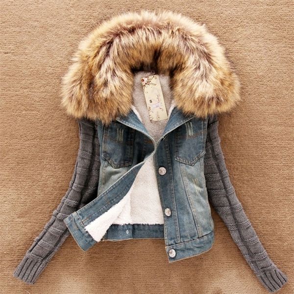

women spring fall denim jacket faux fur coat fashion casual winter overcoat female knit stitching jeans overcoats lj201021, Black;brown