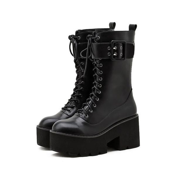

35 to 41 women's thick heels belt buckle women's boots wedge high heel boots knight heels bottom -md, Black