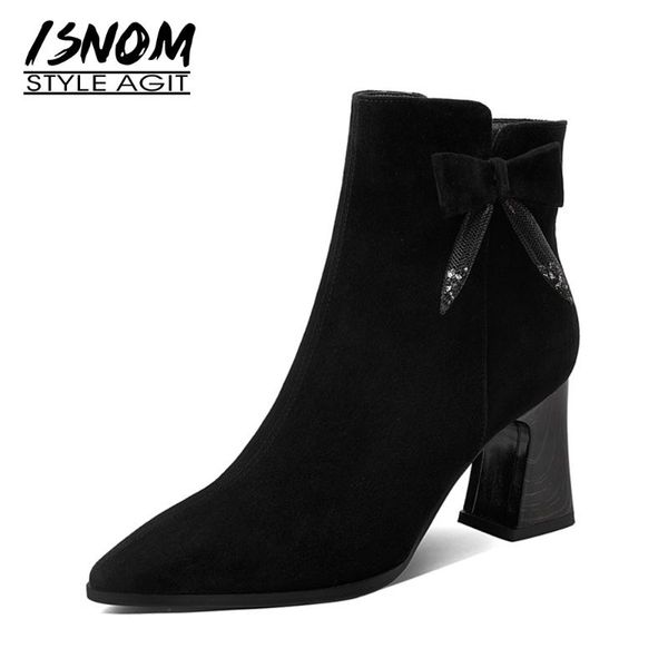 

boots isnom women genuine leather ankle side zip skid proof thick high heel pointed toe warm short plush winter 2021, Black