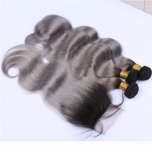 

#1b grey two tone ombre 4x4 lace closure with weaves 3bundles body wave silver grey ombre brazilian human hair extensions with 1pc closure, Black
