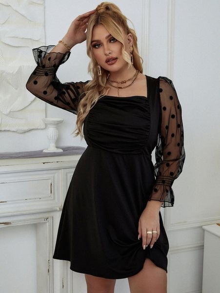 

plus dobby mesh flounce sleeve dress s9jl#, Black
