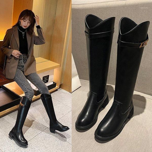 

2020 new winter women's shoes fashion high tube pointed toe mid-heel temperament round toe solid color women's boots1, Black